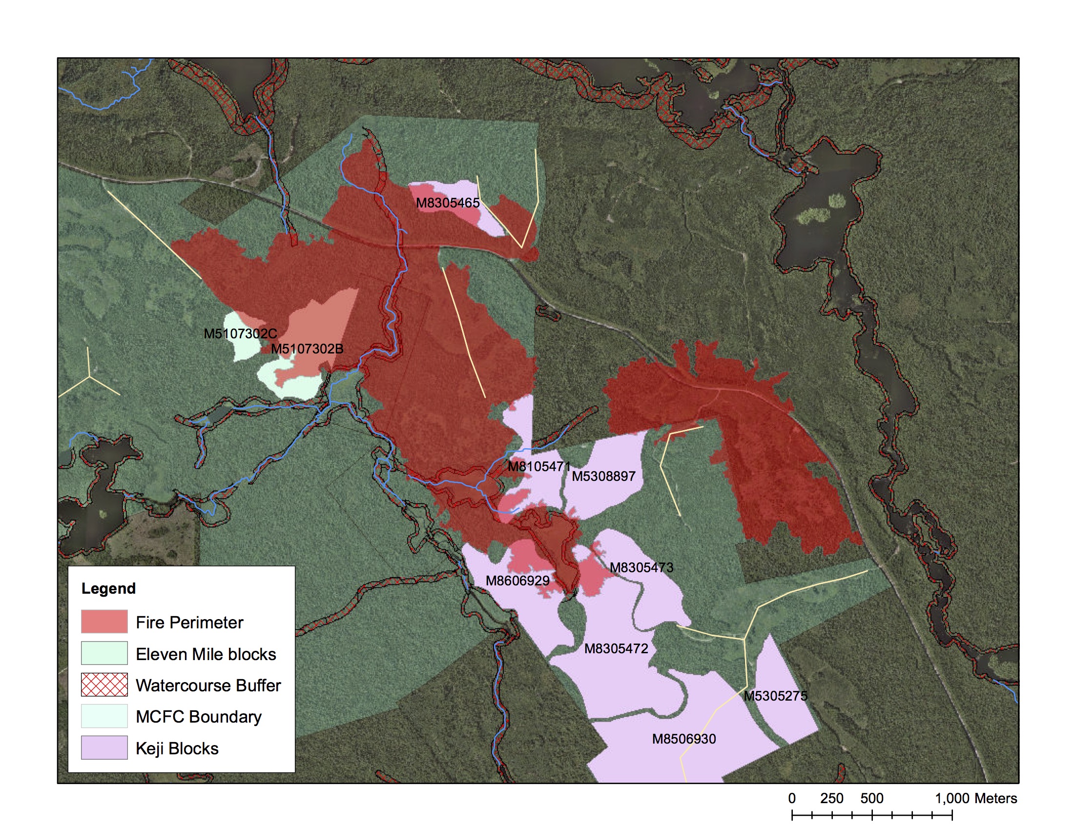 Overlay of the fire perimeter and harvest blocks scheduled for partial removals/silviculture in the upcoming year.