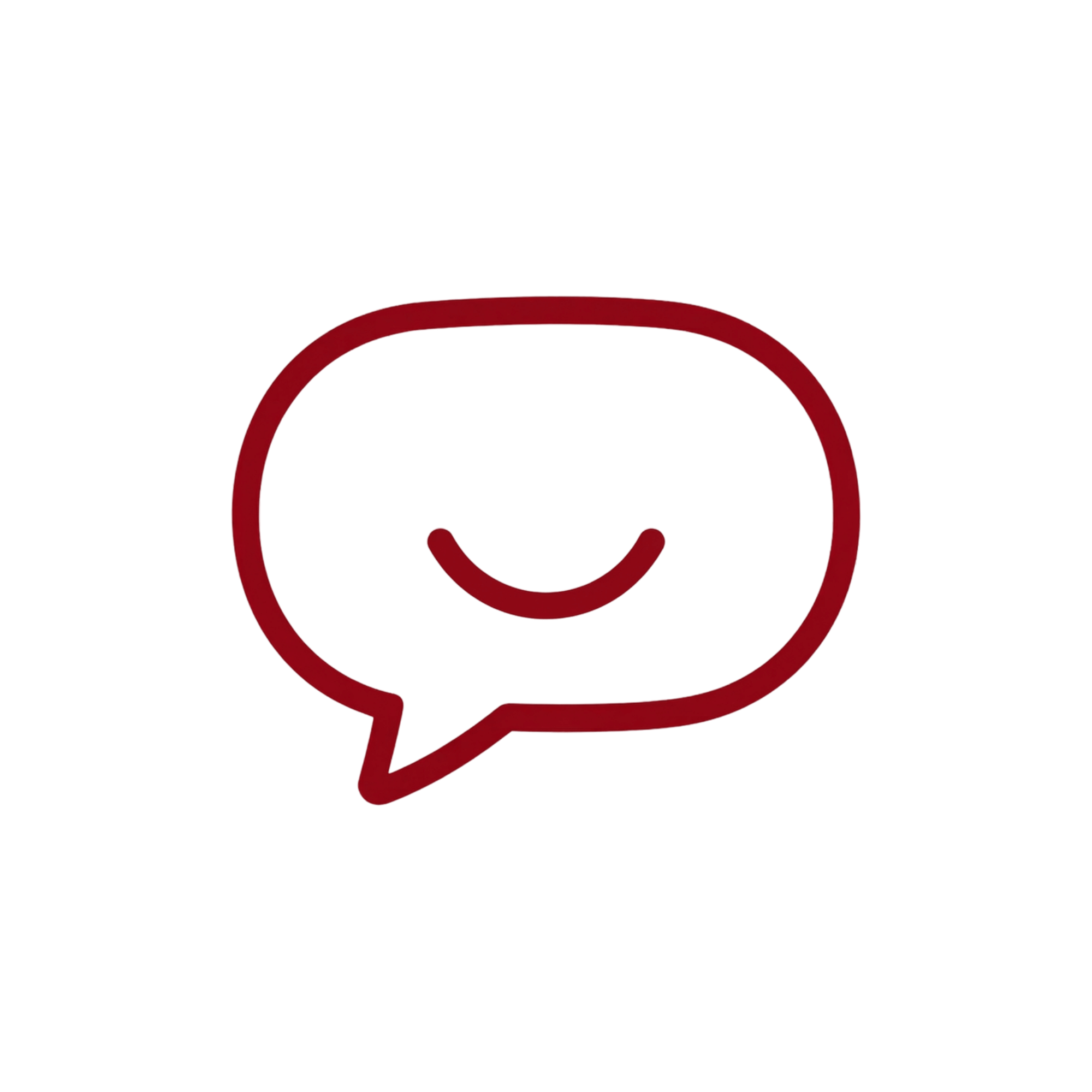 a burgundy speech bubble with a smile