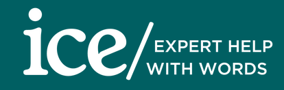 Logo of ice, a service providing expert help with words, with a dark teal background and white text.