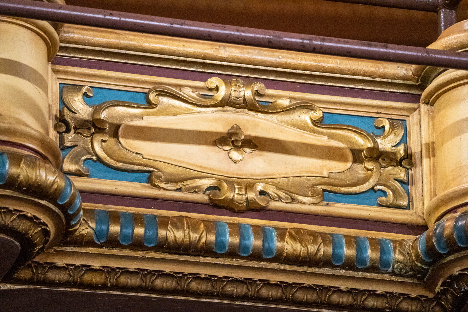  Close up detail of historic cast plaster trim in sheas theatre, in downtown buffalo NY It is gold with blue trim. 