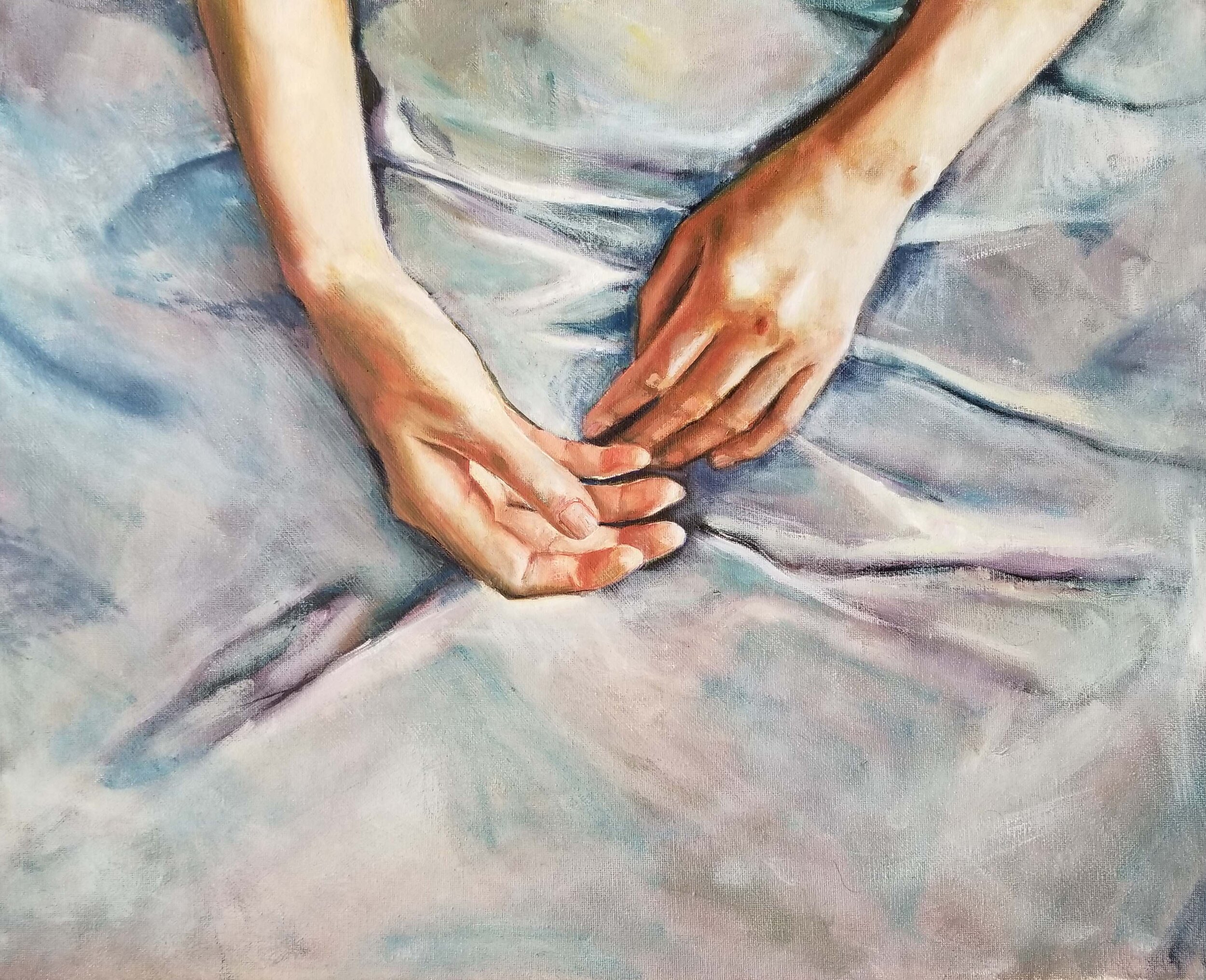 Hands on satin, oil on canvas, 16 x 20 in, 2018