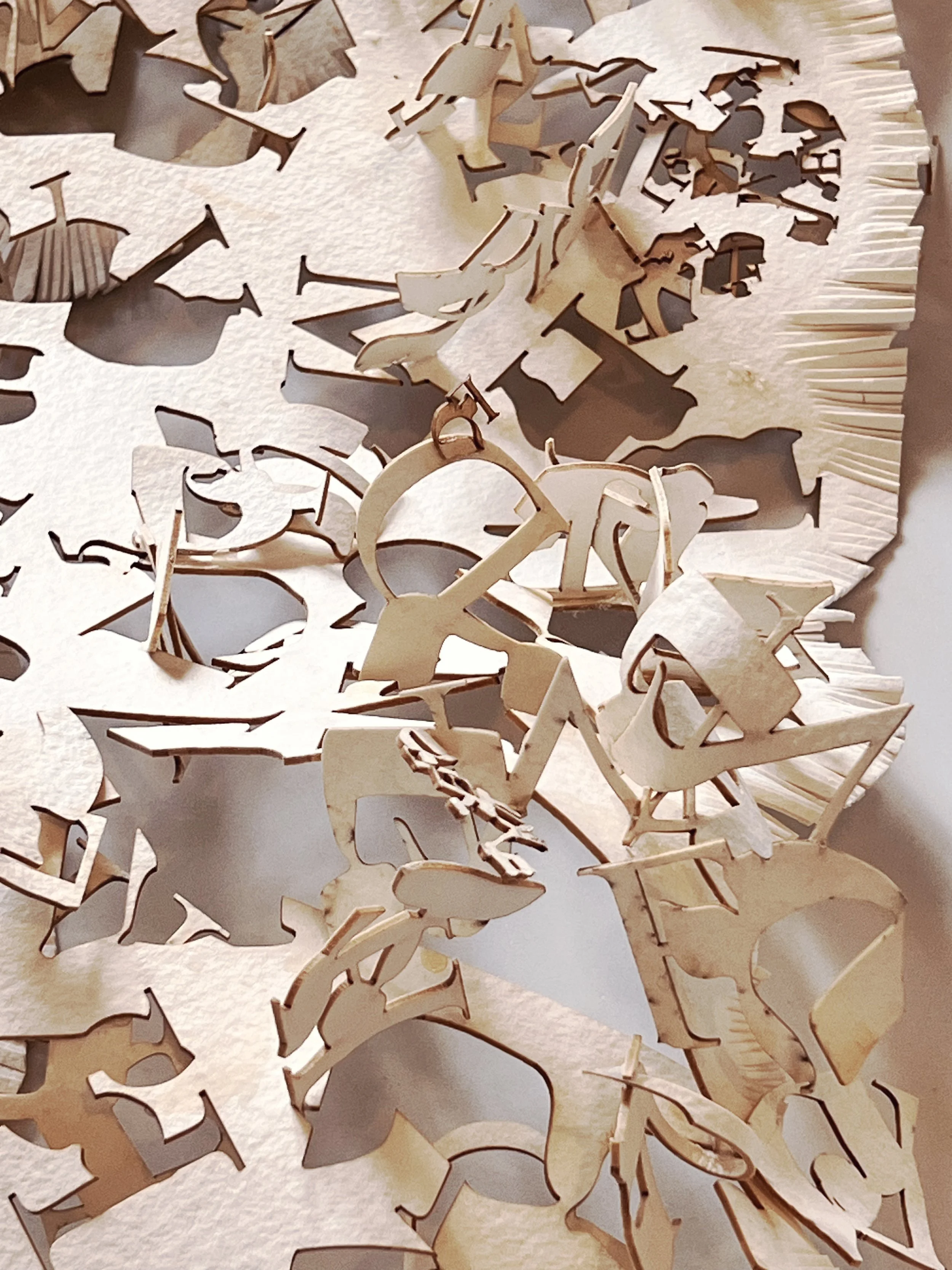 Paper cutout silhouettes of various animals and objects arranged on a flat surface.