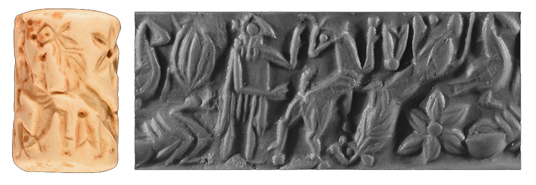  Cylinder seal, carved white marble, depicting a hero and animals. 3rd millennium BCE (Syria, c. 2600-2400 BCE 19 x 13 mm, 5.39 grams 