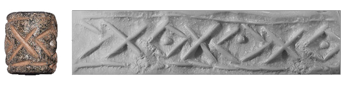 Cylinder seal, carved lapis, pattern of rhomb and cross, Western Asiatic, Syria 3000 BCE. 18 x 15cm.