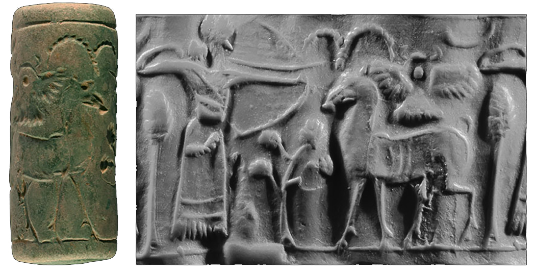  Cylinder seal, carved dark green limestone, depicting an archer aiming at a quadruped. Syria, c. 800-500 BCE 37 x 16 mm. 15 grams. 