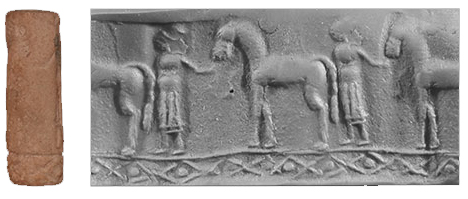 Cylinder seal of carved white marble, man and horse above decorative band. Syria, c. 1200-1000 BCE. 22 x 10mm.