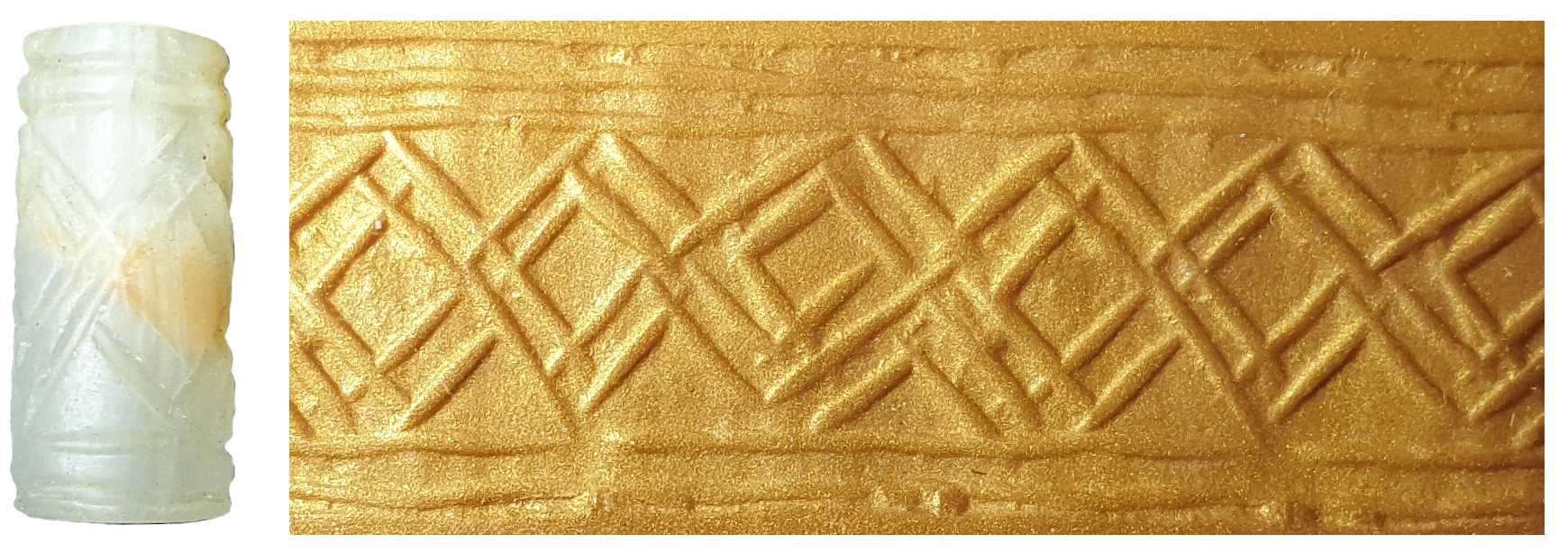  Cylinder seal, carved translucent chalcedony, Mesopotamia, circa 3000 BCE. 24mm 4.46 grams. 