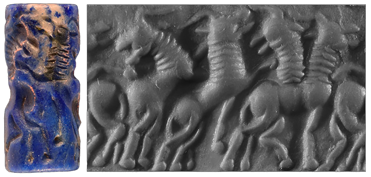  Cylinder seal, carved lapis lazuli, depicting an animal contest frieze, 3rd millennium BCE. Syria, c. 2400-2100 BCE 16 x 7mm 1.59 grams 