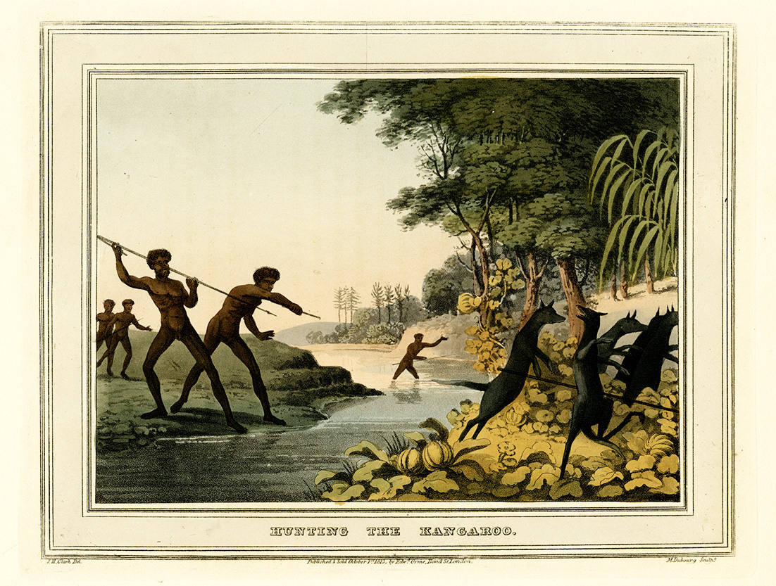 J.H. Clark after John Lewin Hunting the kangaroo 1813 17.2 × 22.0 cm from Field Sports &amp;c. &amp;c. of the Native Inhabitants of NSW, pub. Edward Orme, London, 1813. 