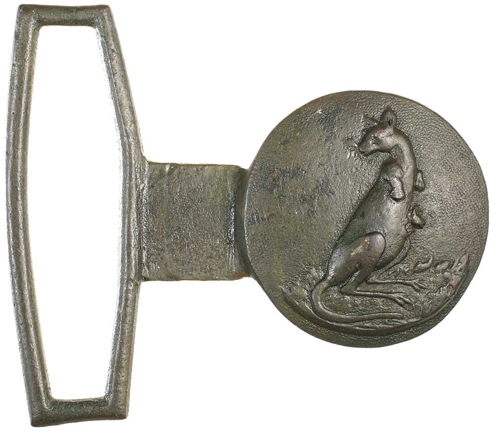 Australian Kangaroo Belt buckle (tongue side)  c1800s, in dark bronze,[found in Tasmania] private col. 
