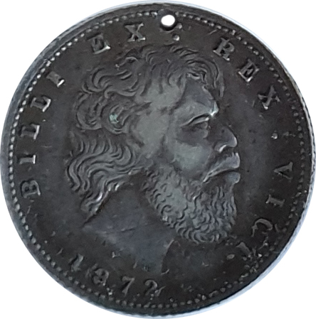 Julius Hogarth Melbourne Victorian Exhibition  Commemorative "Billi ex Rex" [King Billi] 1872, silver  medallion, 2.2cm diam.