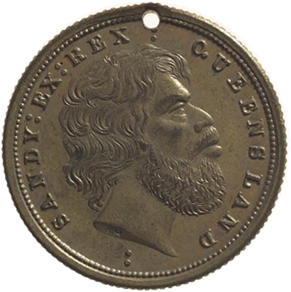 Julius Hogarth Brisbane Exhibition Mint "Sandy ex Rex" [King Sandy] 1876, bronze medallion, 2.3cm diam.