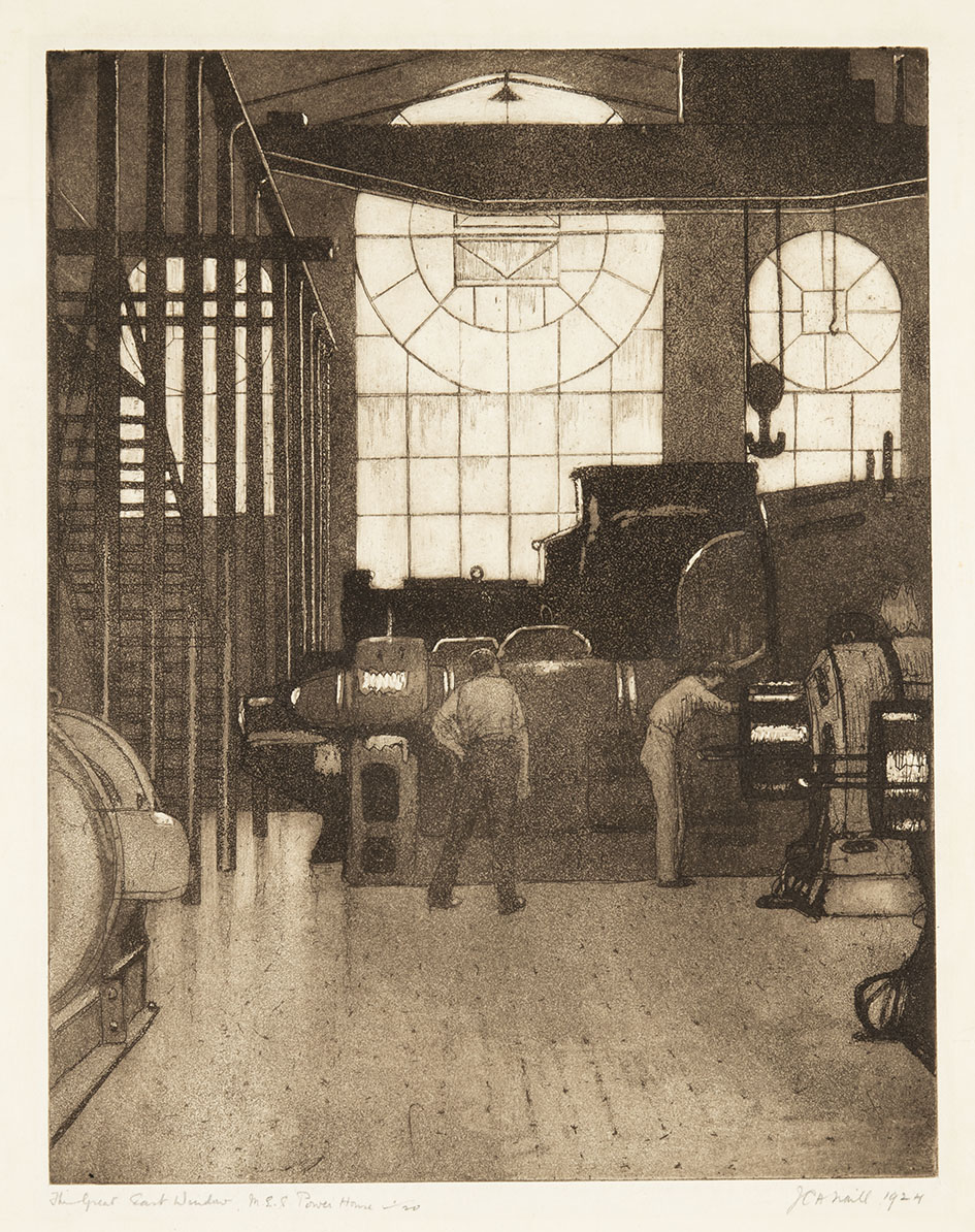 Jessie Traill The Great East Window, M.E.S. Power House 1924, aquatint, etching, sepia ink, 33 x 25.9cm. Newcastle Art Gallery collection. © Jessie Traill/Copyright Agency, 2019.