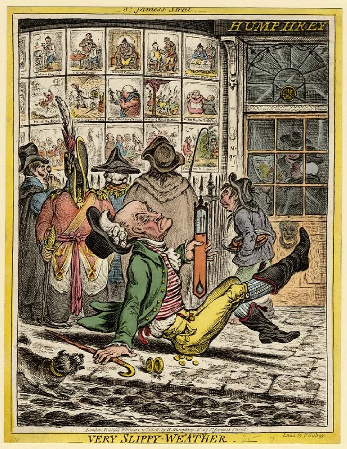 James Gillray Very Slippy Weather hand-coloured engraving 1808. BM