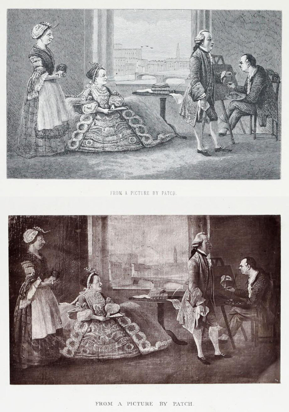 Top: wood engraving of a painting in Holland House 1874.  Bottom: woodburytype print from a photograph 1874.