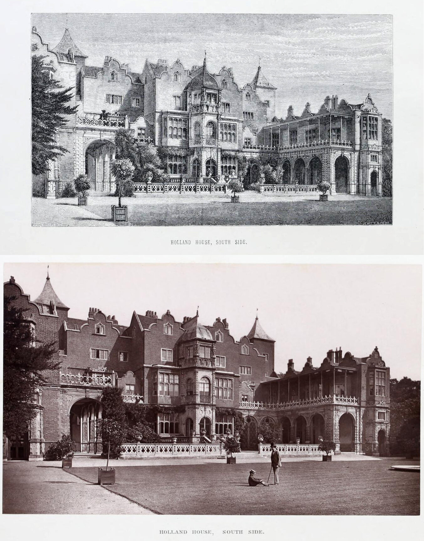Top: wood engraving of Holland House Bottom: woodburytype print from a photograph both 1874h 