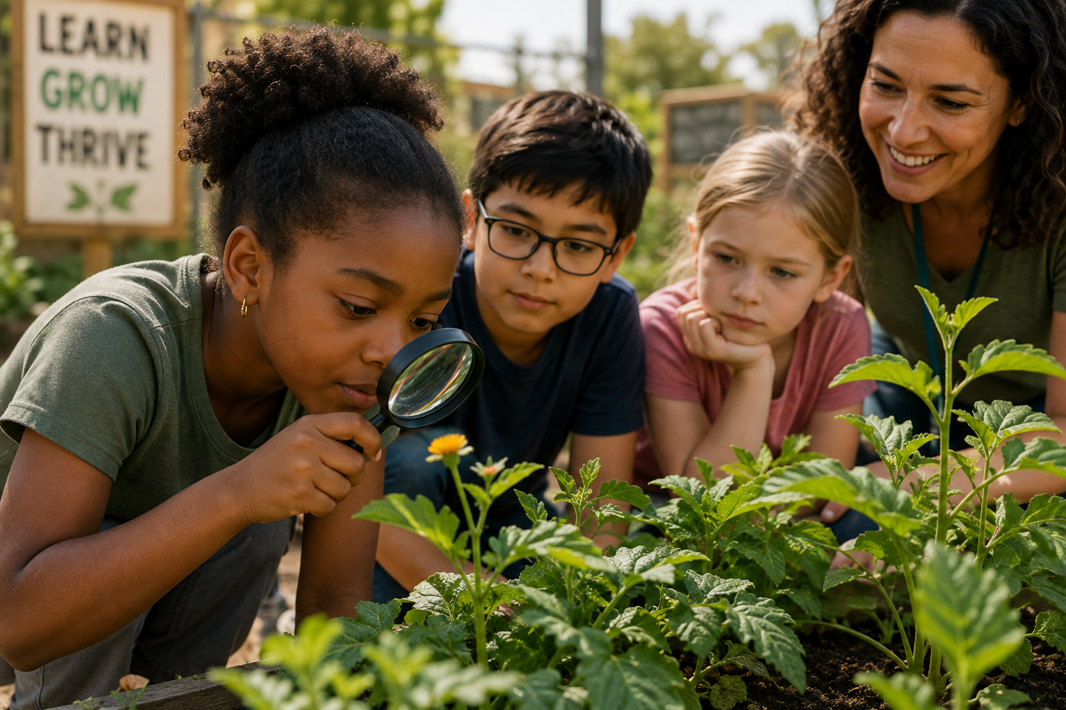 Elementary student closely observing a plant