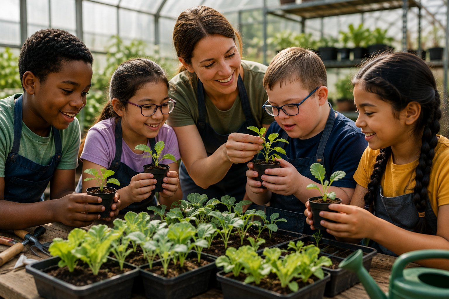 Students studying seedlings