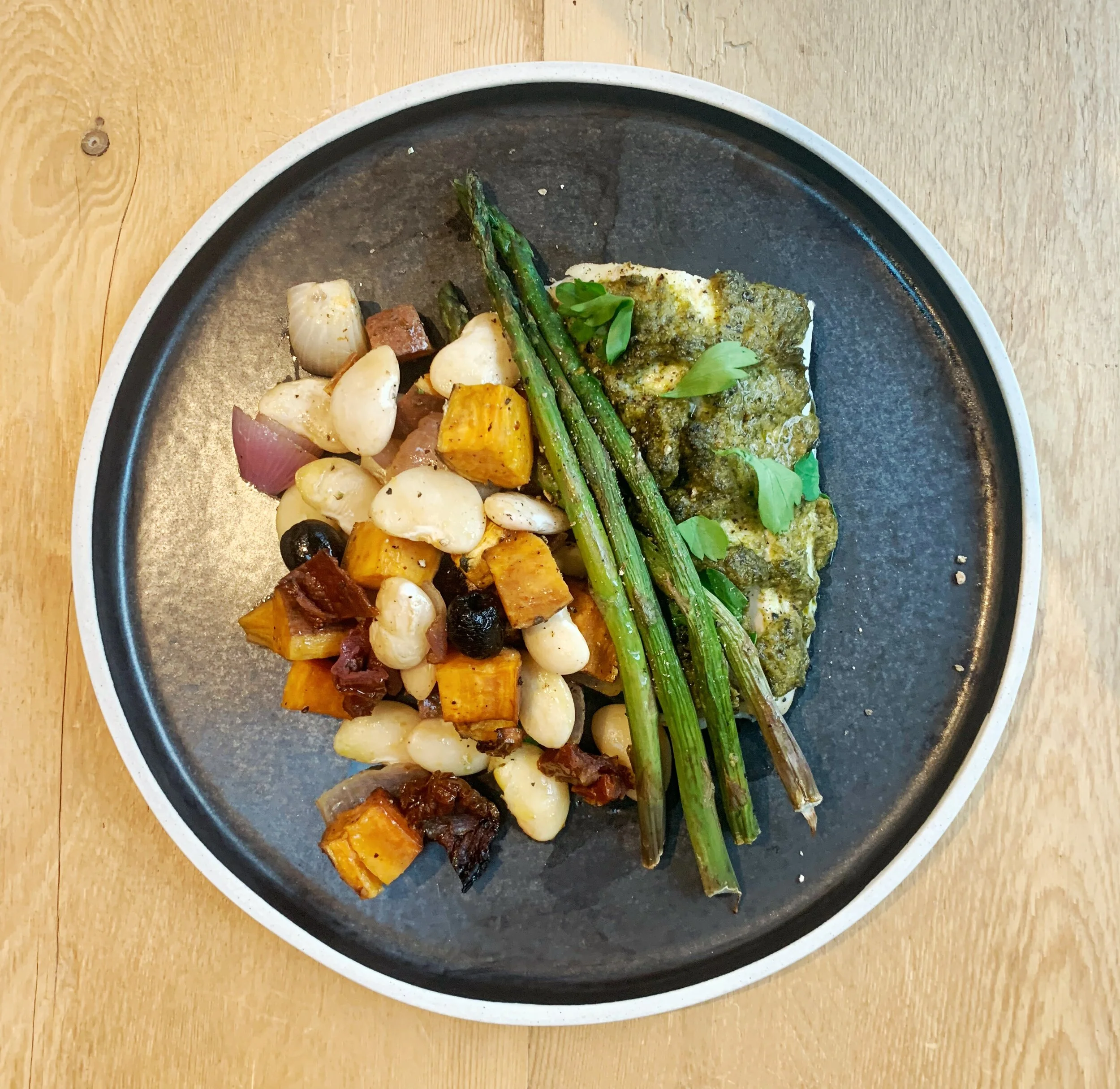 Pesto Topped Fish with Roasted Sweet Potato &amp; Butter Beans