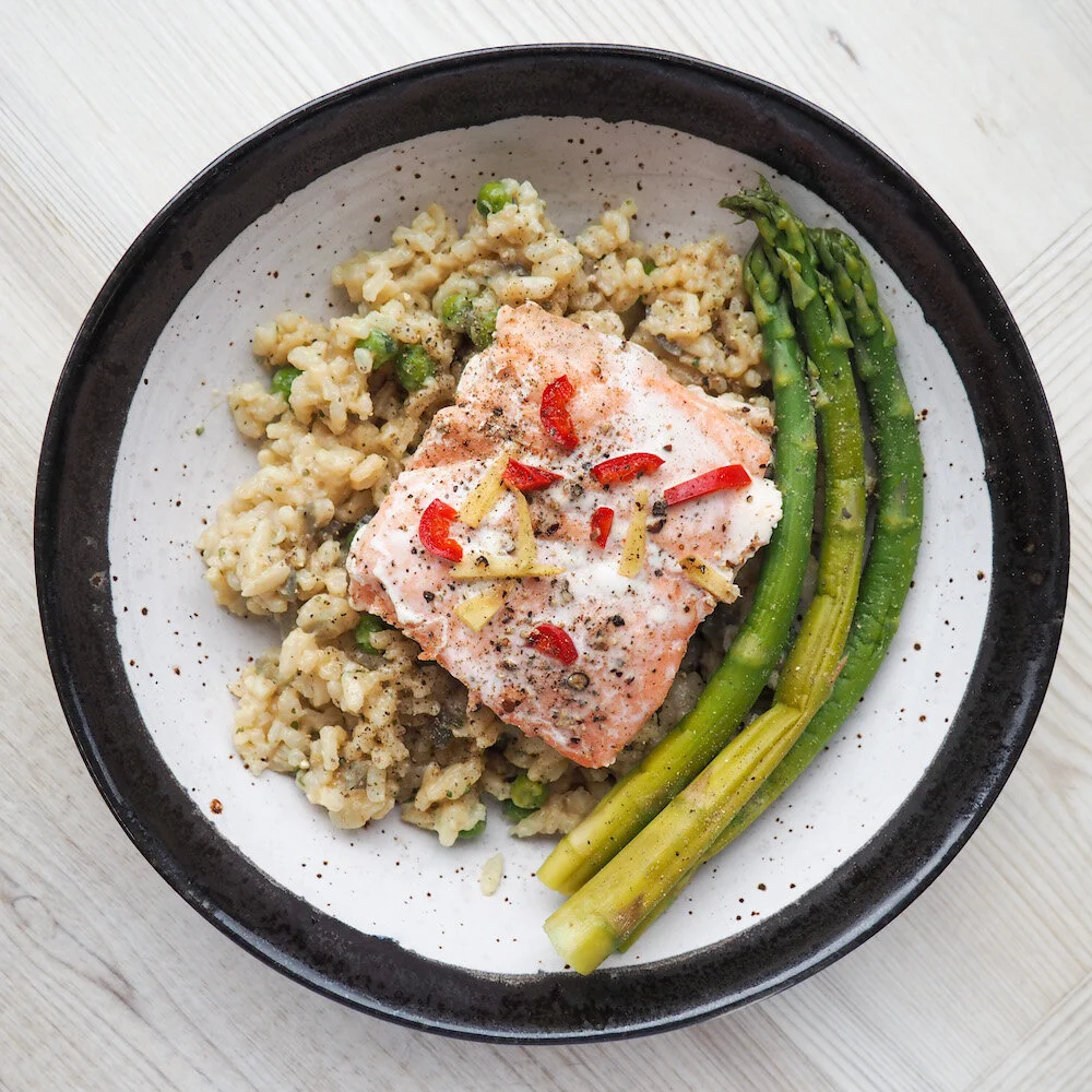 Miso &amp; Pea Risotto With Baked Salmon or Aubergine