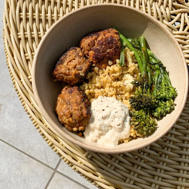 Garlicky Turkey Meatballs, Bulgar Wheat &amp; Baba Ganoush