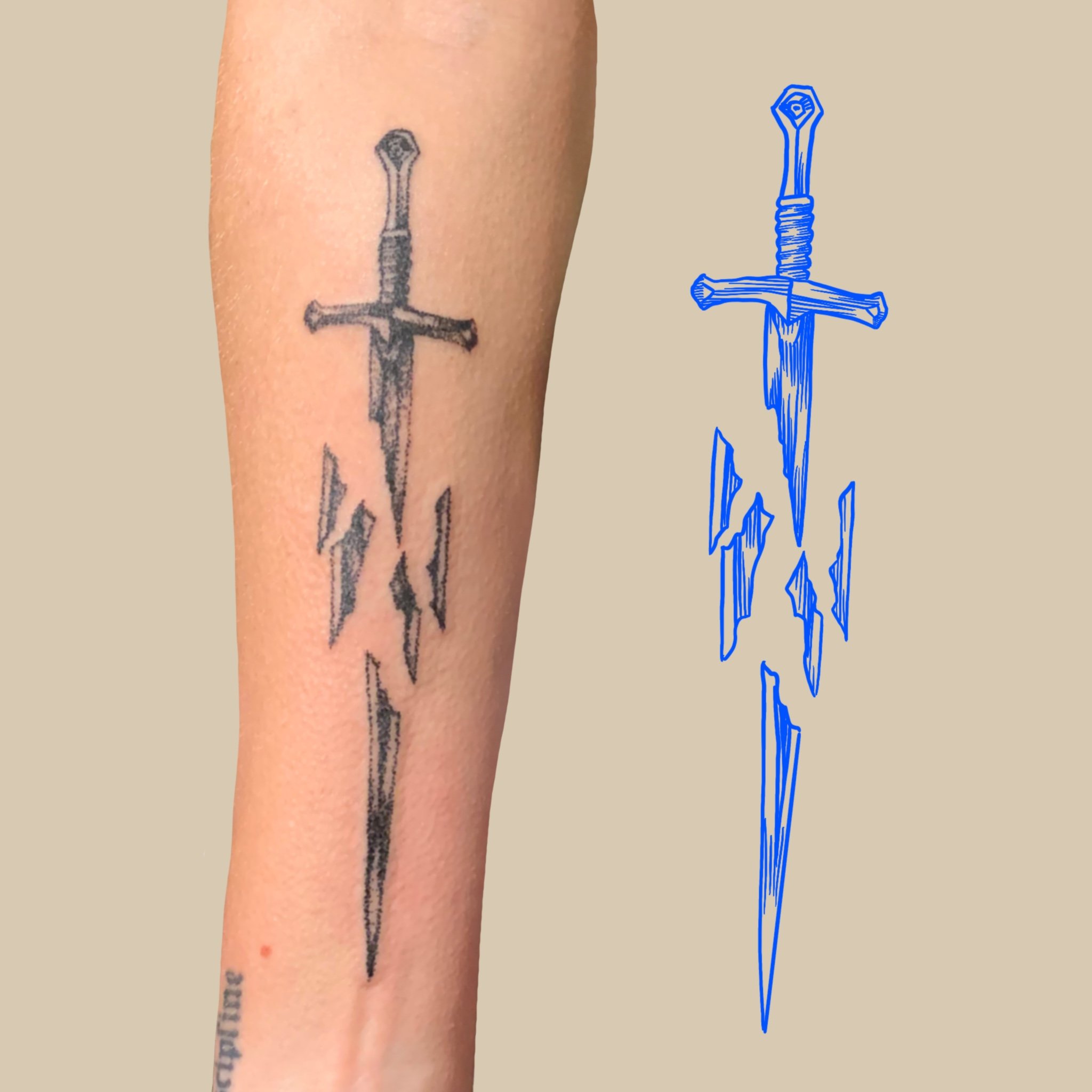 Broken sword tattoo located on the forearm.