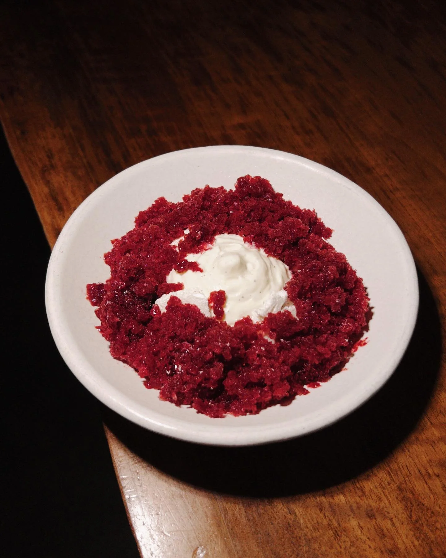 Black pepper mousse, burnt vanilla meringue, cherry granita.