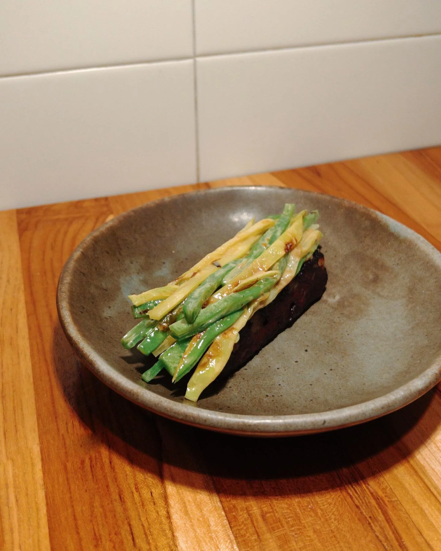 Blood pudding, grilled Romano beans &amp; mustard.