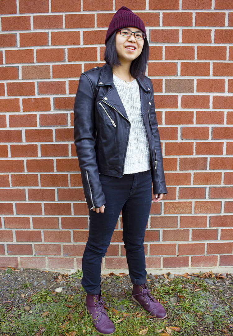 Quick fall outfit post for a casual but cool look. Leather jacket, skinny beans, sweater, beanie and purple boots make for a cool edgy look.