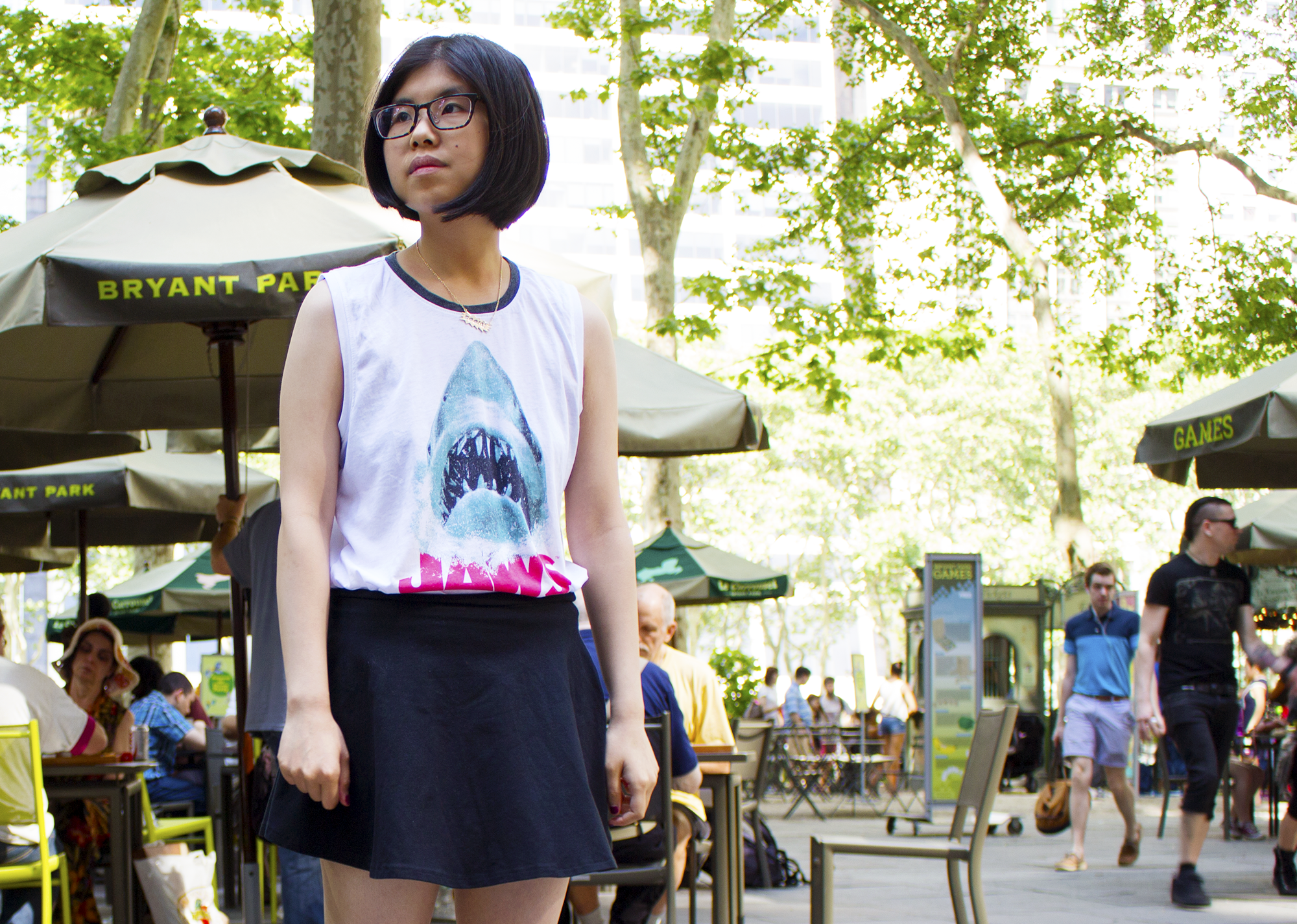 A trip into New York City's Grand Central Station featuring a fun casual outfit with Jaws movie graphic tee, skater skirt, leather Converses and blazer