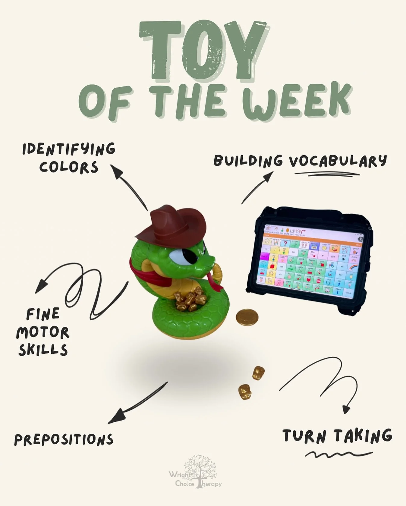 🧸Toy of the week: Jake The Snake 

A fun unexpected game that targets a variety of occupational AND speech therapy skills. 🐍✨🤏🏻

#occupationaltherapy #AACAwarenessMonth #speechtherapy #finemotorskills #languagedevelopment #toyoftheweek #pediatric