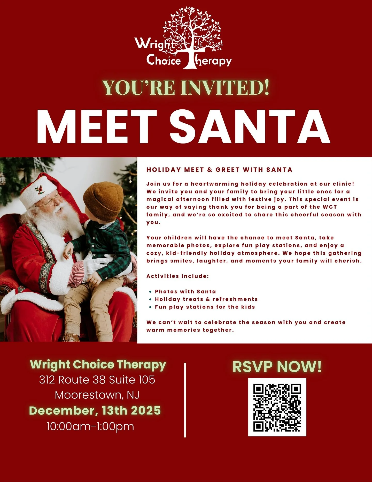 Big news! Santa is coming to WCT! 🎅✨

Join us for photos, treats, and festive fun for the whole family. ❤️📸🍪

📅Happening December 13th, 10am-1pm

RSVP today!