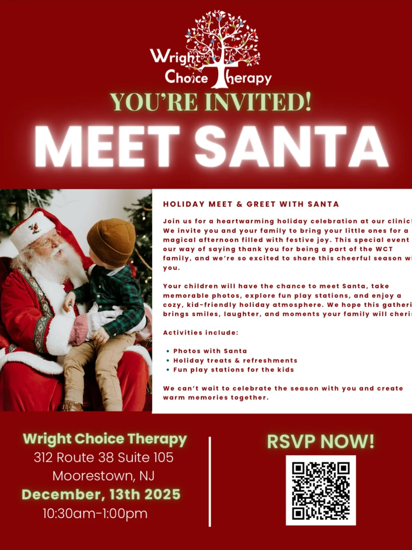 Big news! Santa is coming to WCT! 🎅✨

Join us for photos, treats, and festive fun for the whole family. ❤️📸🍪

📅Happening December 13th, 10:30-1pm

RSVP today!