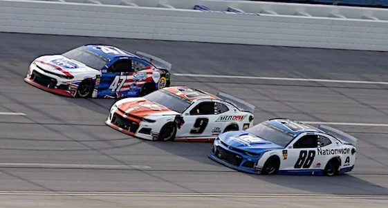 Chase Elliott, center, and Hendrick Motorsports teammate Alex Bowman, right, didn’t get to race to the checkered flag but that was about the only bummer in Sunday’s race at Talladega. (RacinToday/HHP photo by Andrew Coppley)