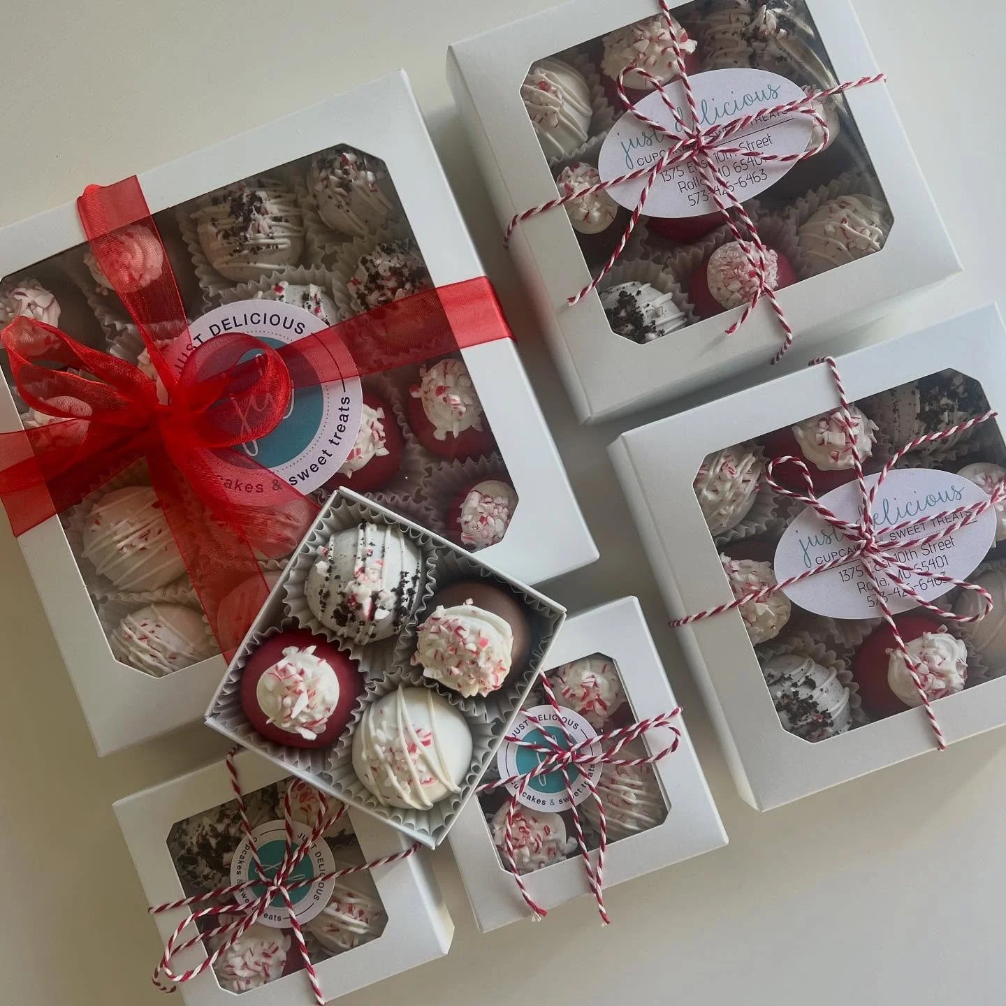 Holiday sweets are rolling out! 🎄 Taking Christmas catering orders now &mdash; perfect for parties, offices, and gifting. #JustDeliciousBakery #ChristmasTreats #HolidayCatering #CupcakeBoxes #PeppermintSeason #RollaMO #HolidayOrders #BakeryLove