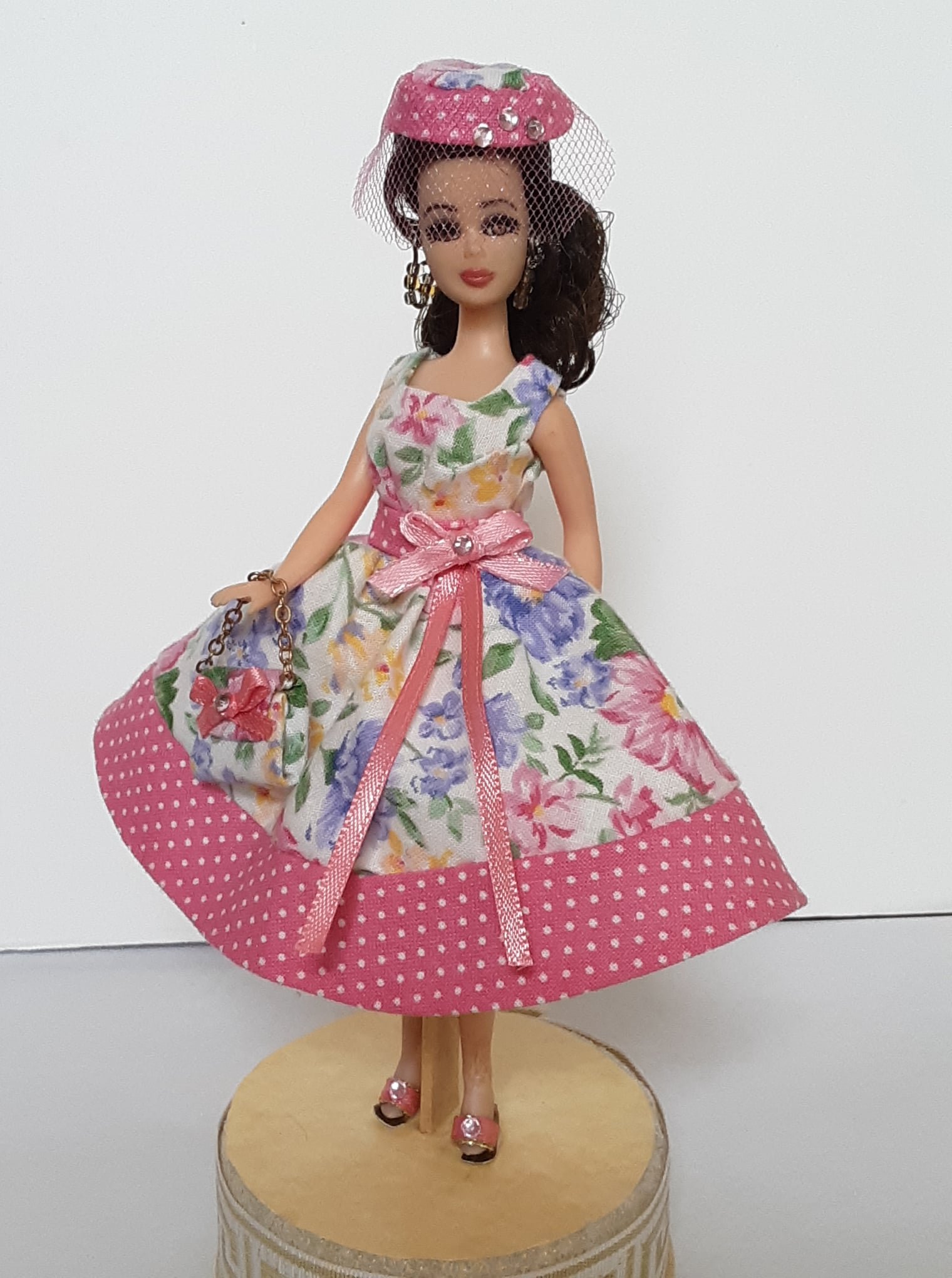 Floral and polka dot OOAK handmade Dawn Dress with matching accessories and hat