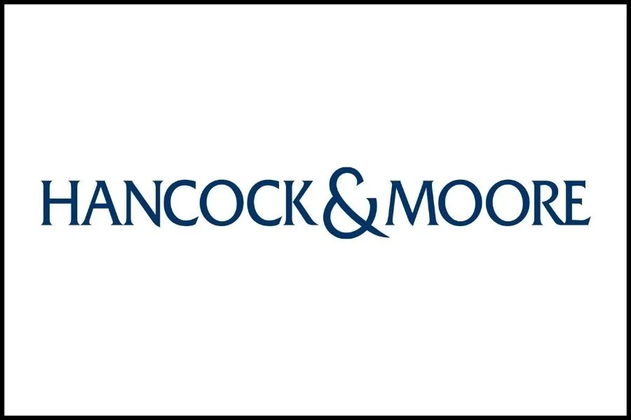 Hancock & Moore logo in navy blue text on a white background with black border.