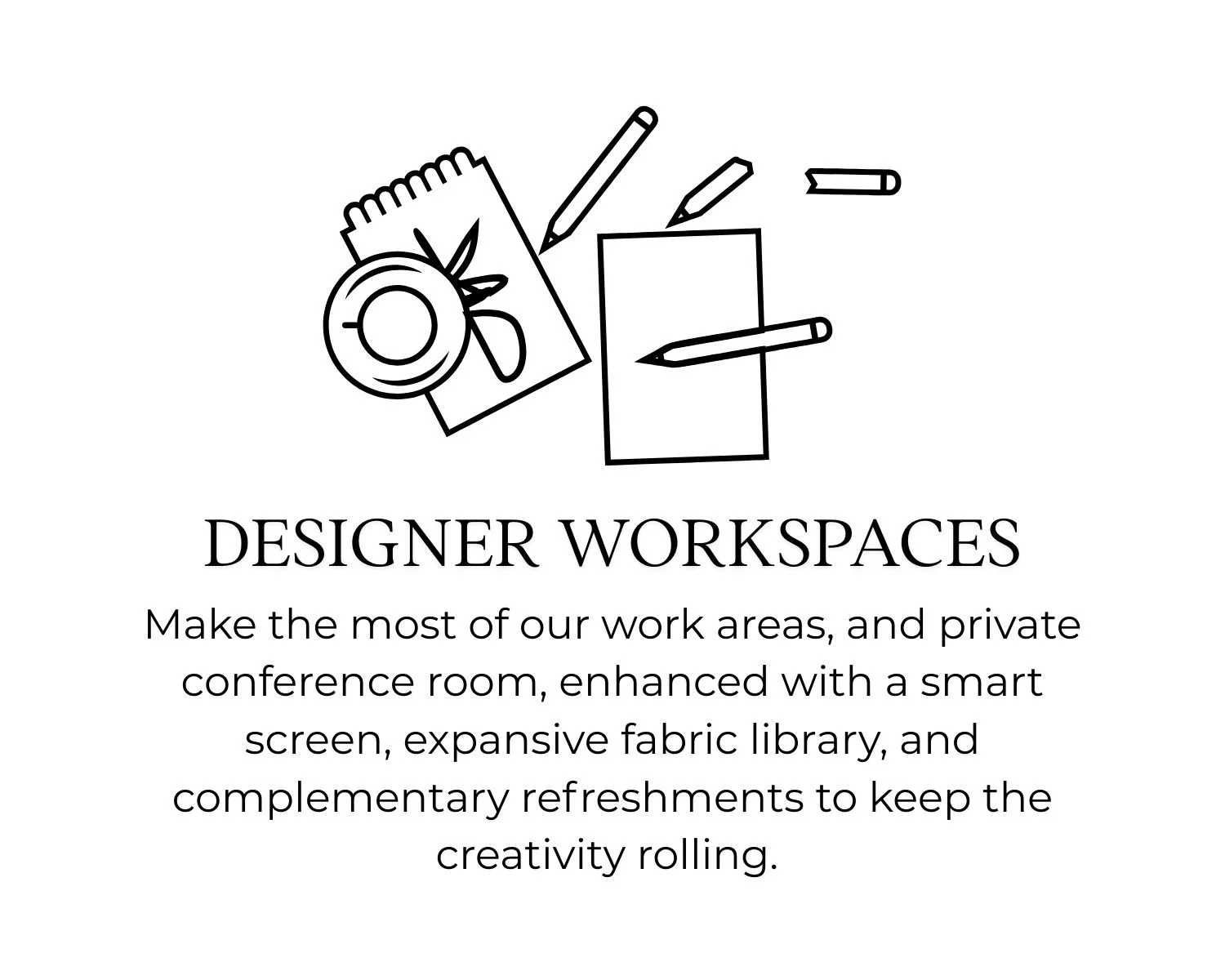 Illustration of designer workspace items including a notebook, paint palette, pens, and a blank sheet of paper, with conference room branding