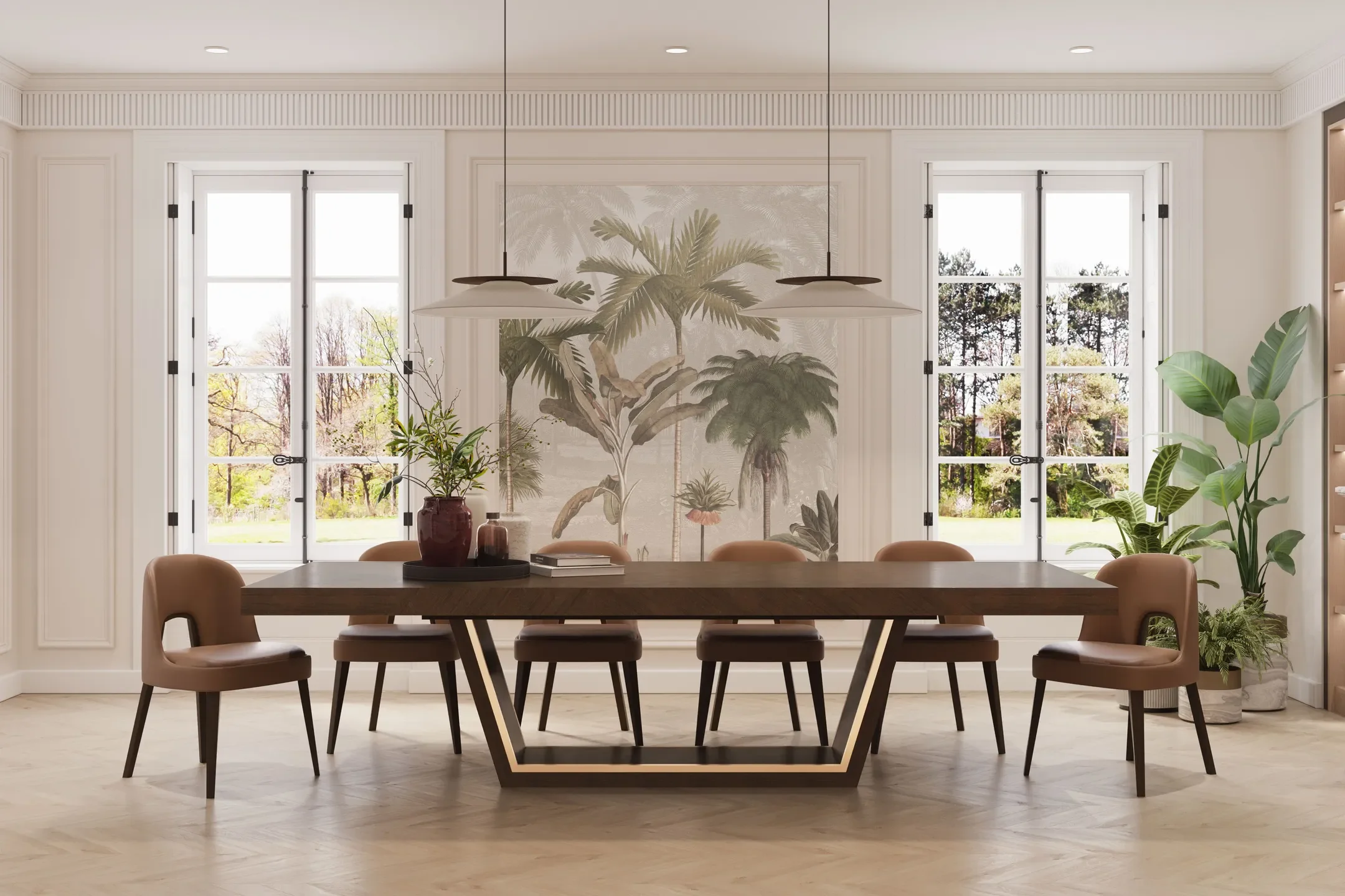 Modern dining room with a wooden table surrounded by tan chairs, large windows, tropical plant artwork on the wall, and greenery inside.