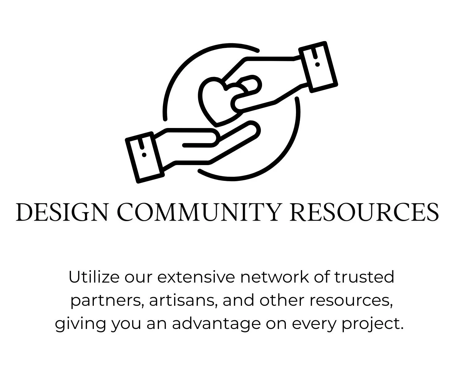 Black and white icon of two hands exchanging a heart within a circle, representing community support, with the text 'Design Community Resources' and a description about utilizing a trusted network of partners.