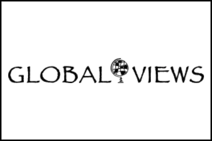 The word 'GLOBAL VIEWS' with a globe and a decorative stand replacing the letter 'O' in 'VIEWS'.