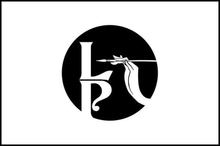A black and white circular logo featuring a stylized hand holding a paintbrush, with the letters 'LF' incorporated into the design.
