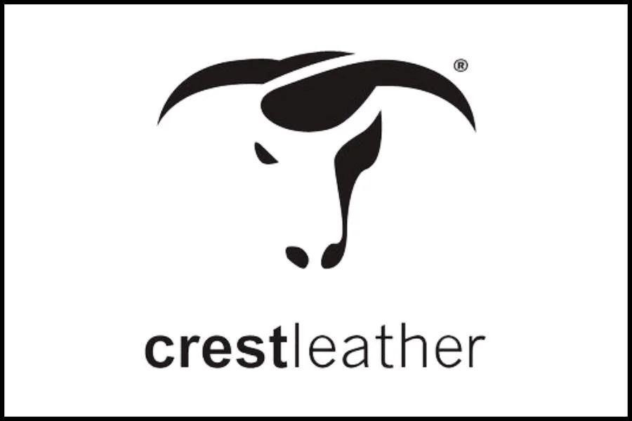 Logo of a cow's head with the words "crest leather" underneath.