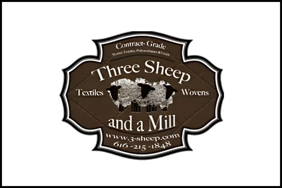 Logo of Three Sheep, a business specializing in tartans, wovens, and mills, with a website and phone number displayed.