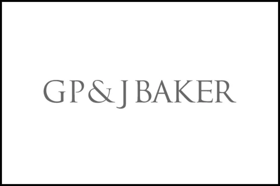 Black and white logo with the text "GP & J BAKER" in elegant font