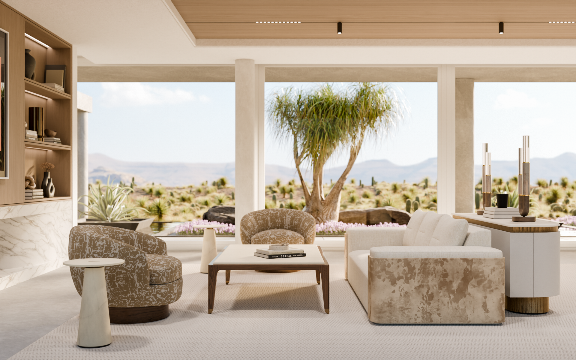 Modern living room with large window view of desert landscape, including cactus and mountains, beige and white furniture, and decorative accents.