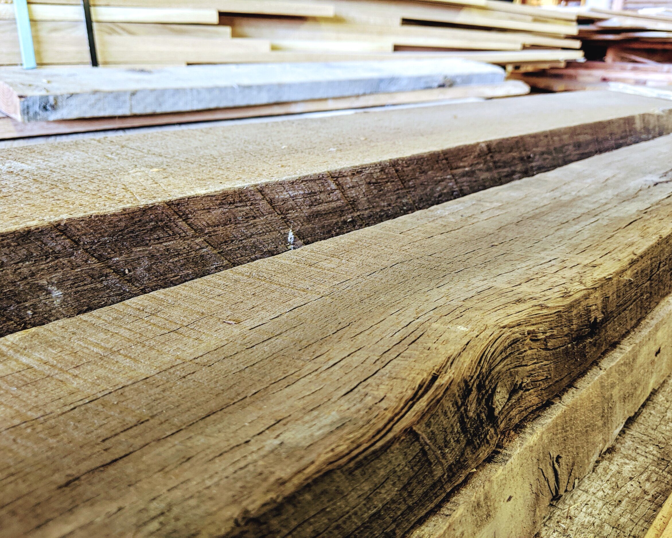  Heritage Oak planks unfinished and stacked in our lumber facility Ashland, OR. 