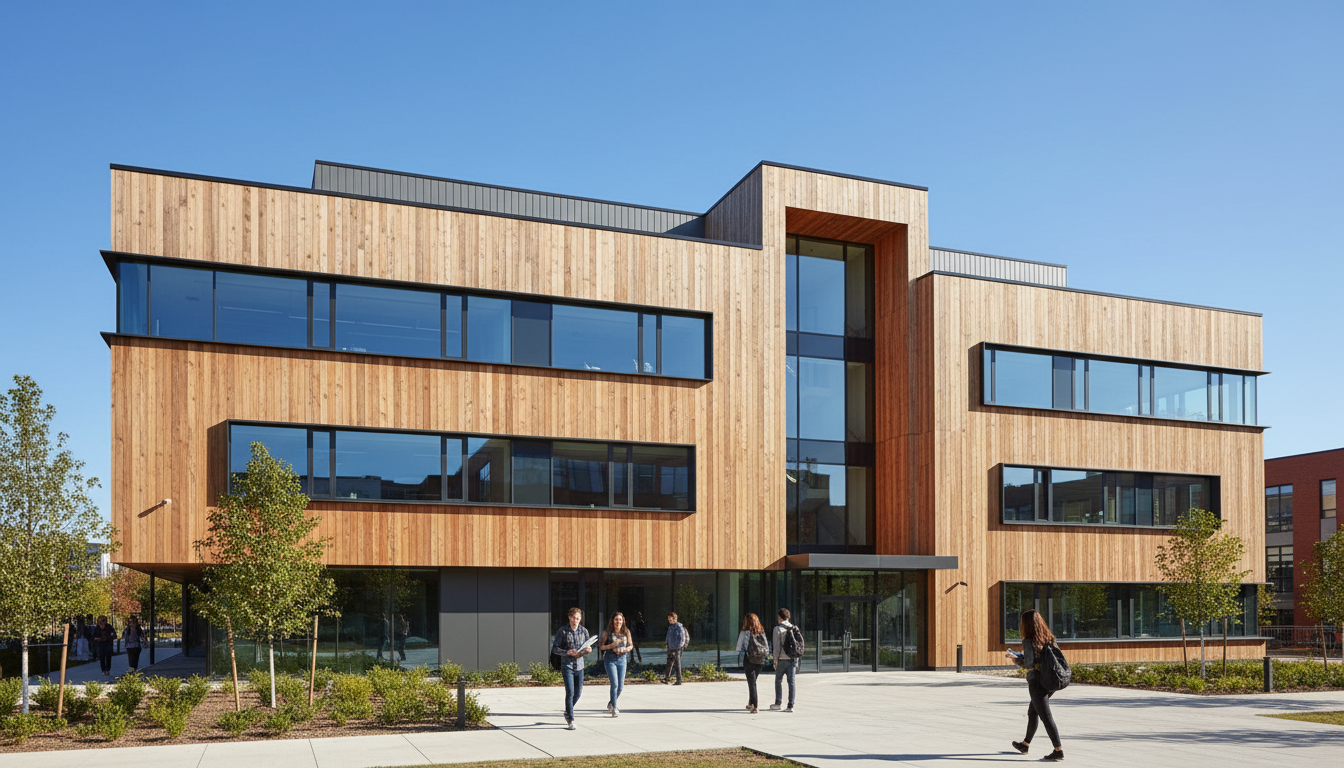 redwood-sided university building with trees and blue sky