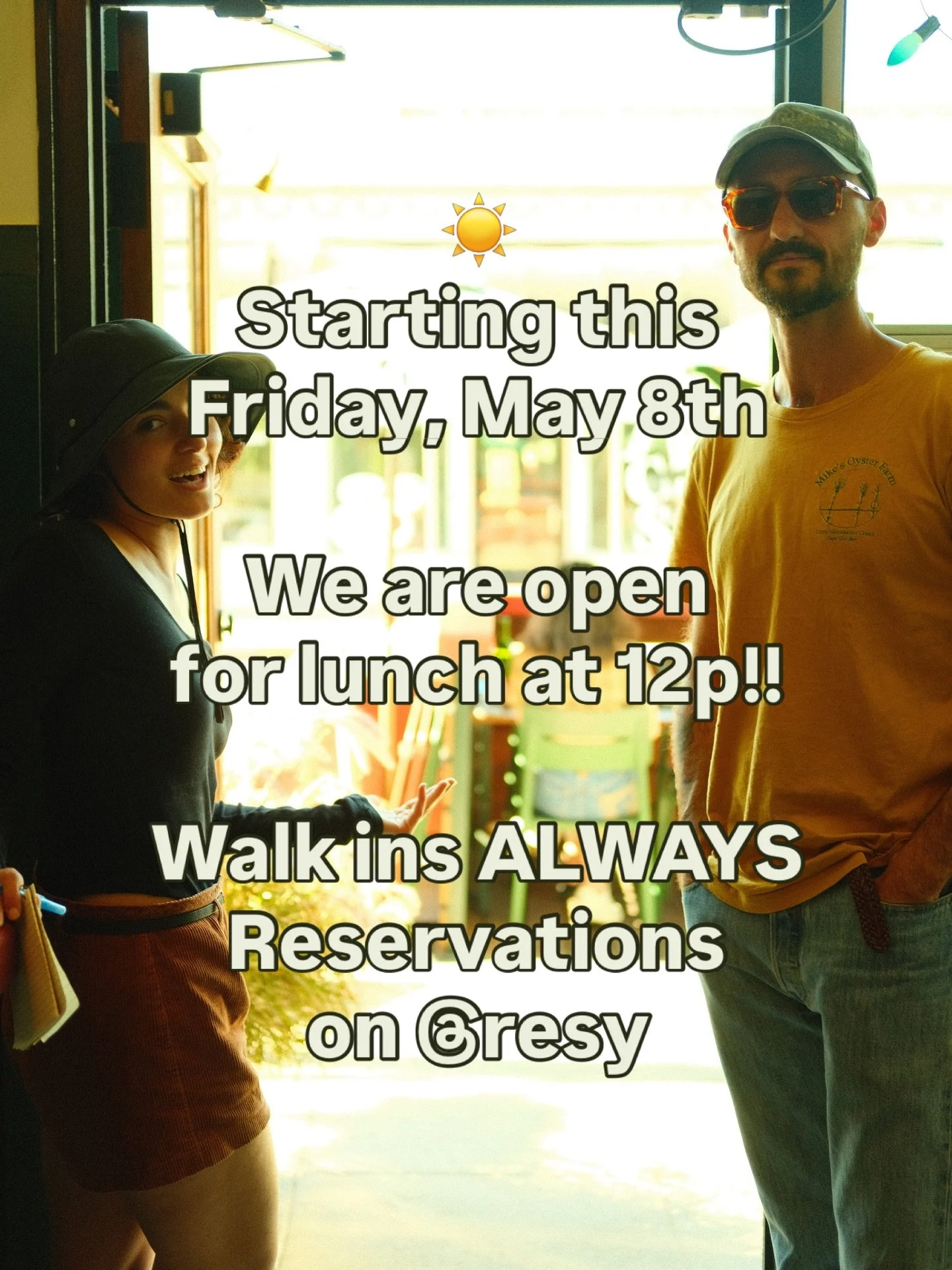Starting this Friday, May 8th we are open for lunch at 12p!!

Walk ins ALWAYS, Reservations on @resy