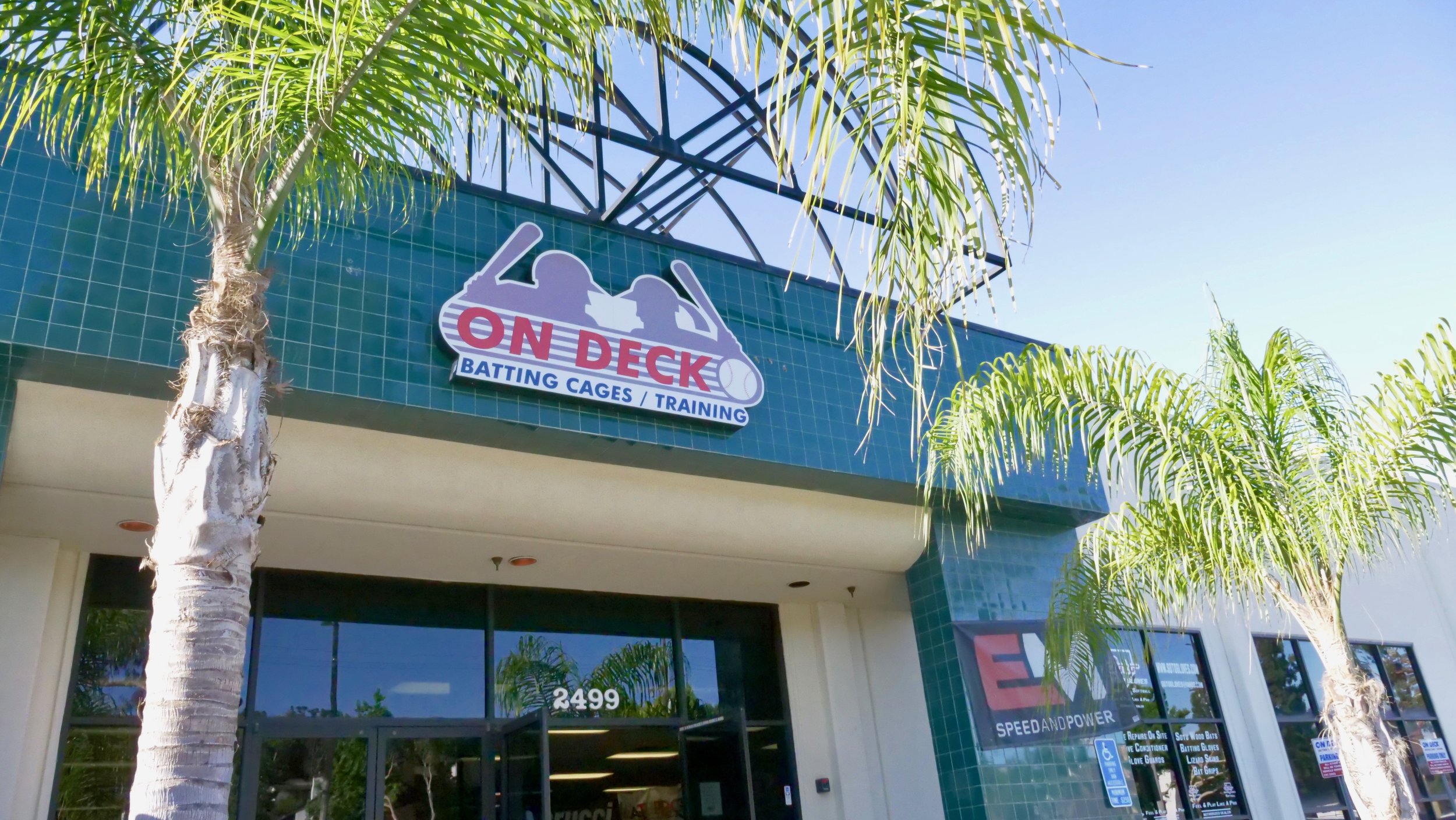 The entrance to On Deck Batting Cages facility in Long Beach, California